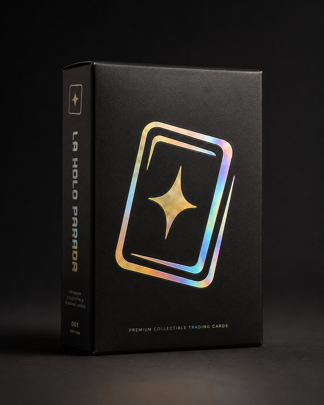 Diseño de la caja La Holoparada, negra con una estrella y detalles holográficos