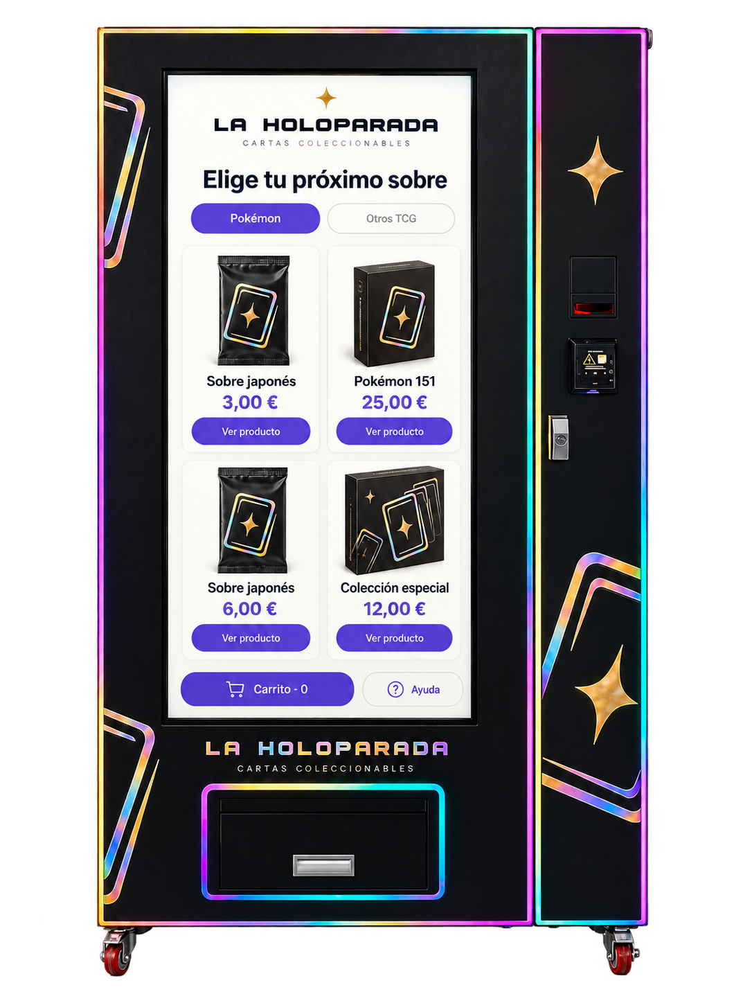 Diseño de la vending La Holoparada, negra con detalles holográficos y pantalla de selección de cartas